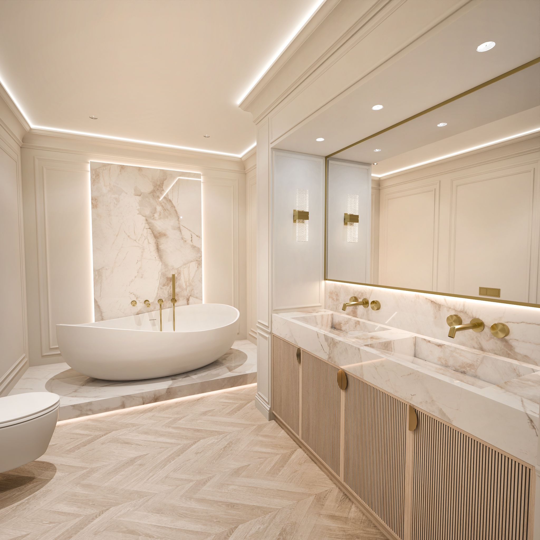 Luxury ensuite with reeded vanity and gold fixtures by Lance Interiors