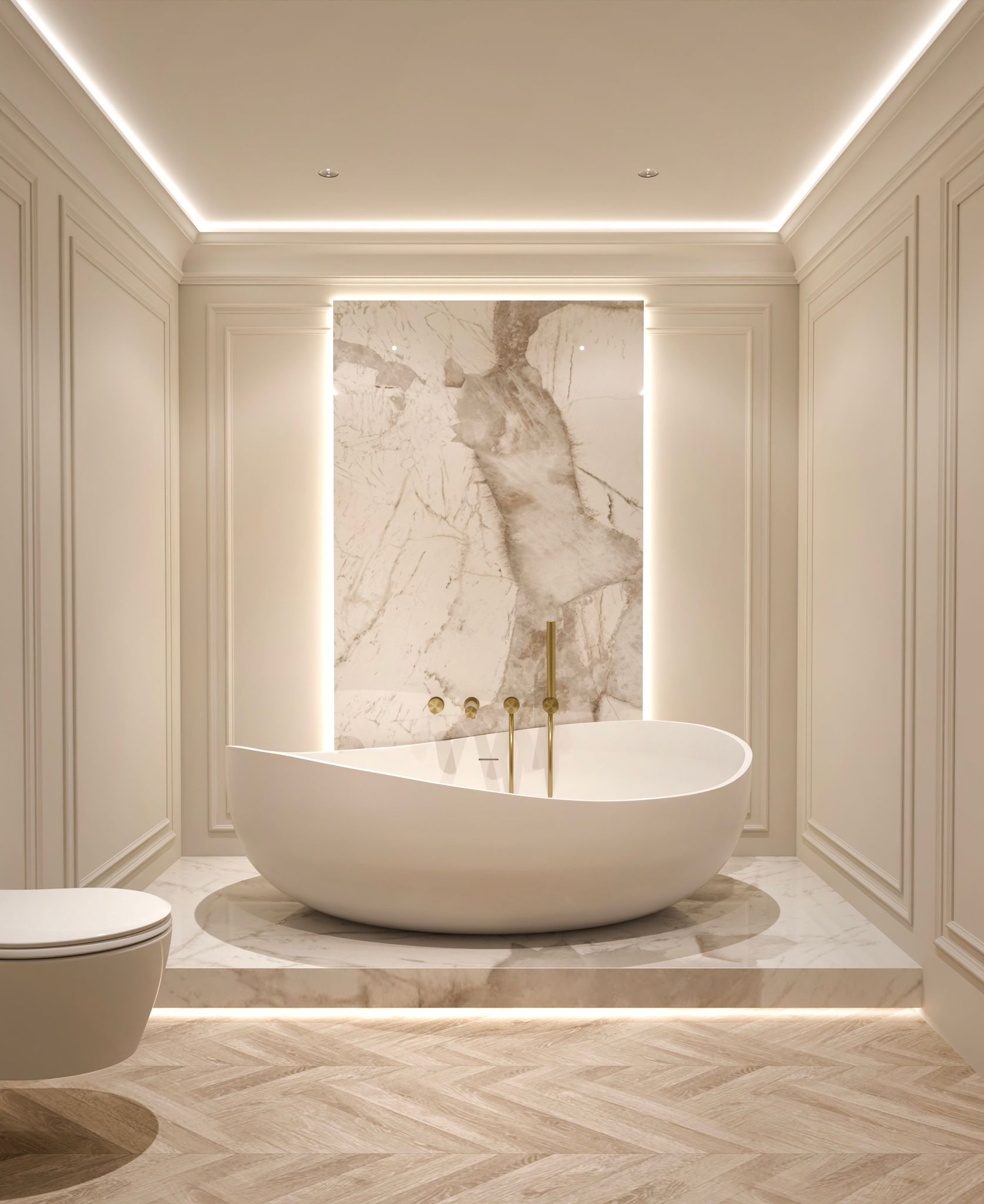 Luxury freestanding bath with backlit marble by Lance Interiors